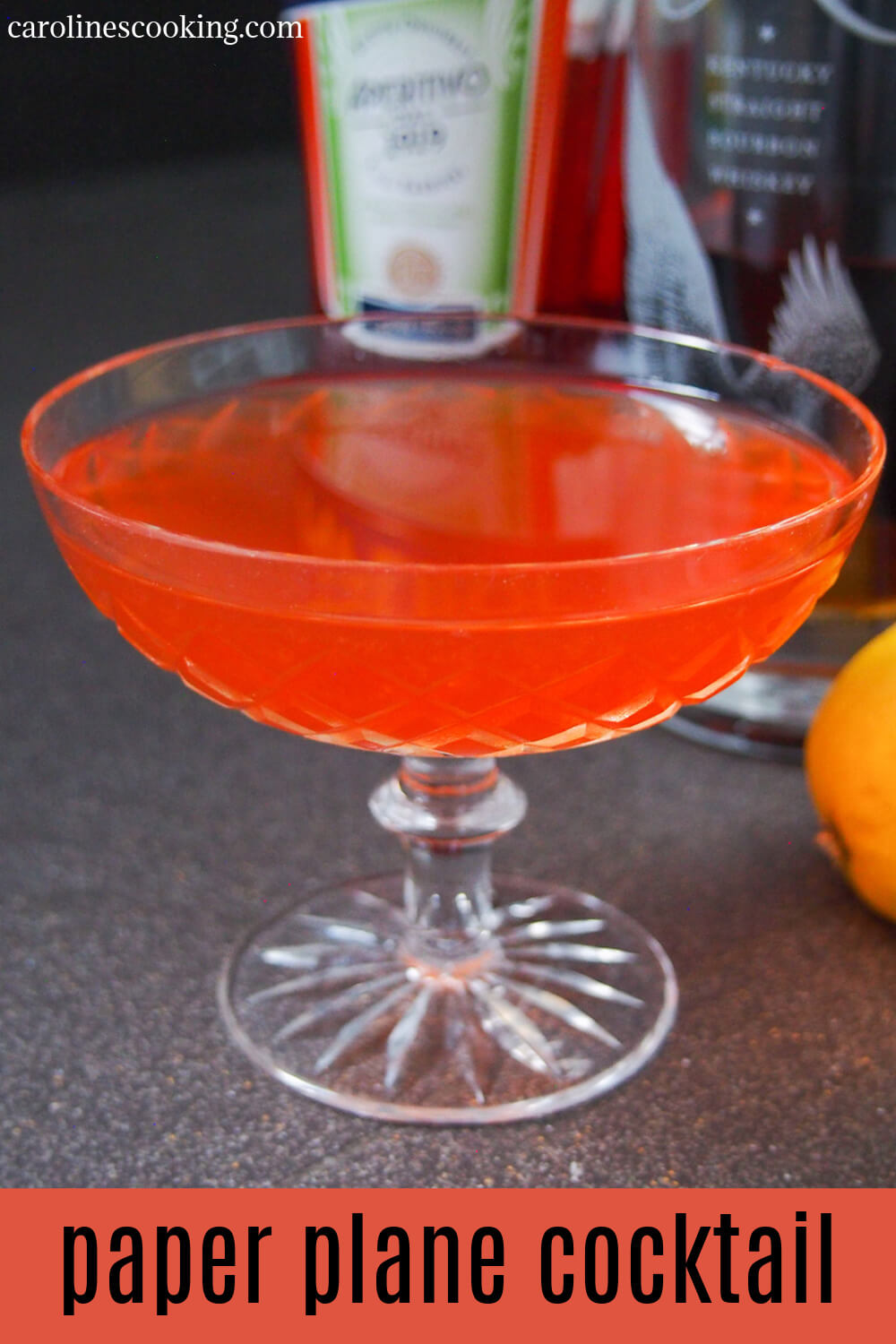 The paper plane cocktail is considered a modern classic by some. It's elegant, well balanced and easy to make, with the perfect balance of sweet, tart and spirit-forward flavor. Perfect for aperitivo hour. #cocktail #aperol #whiskey