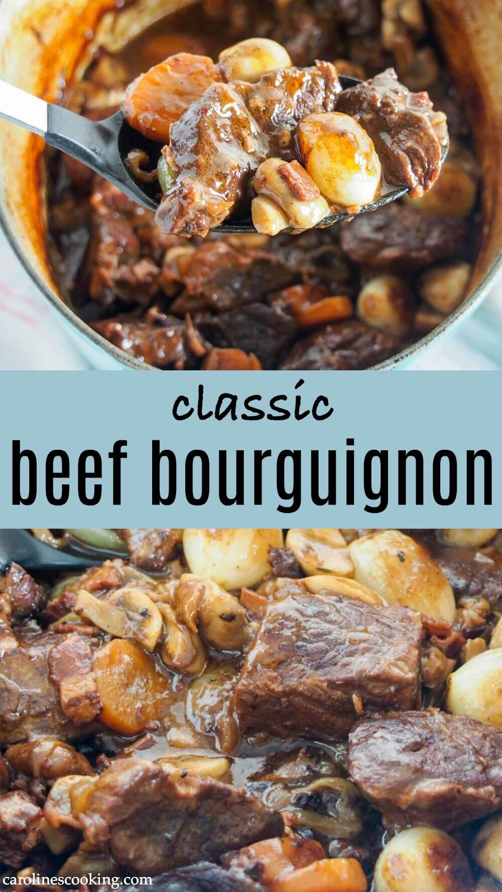 Beef bourguignon may not be the quickest meal to make, but it's time very well spent. And with this easy recipe, you'll see exactly how to get perfectly tender, flavorful beef and a mushroom, bacon and red wine gravy to die for! #beef #stew #frenchfood