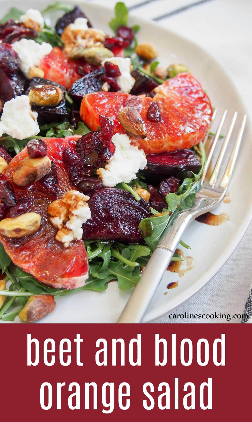 This beet and blood orange salad will brighten any winter's day with light, more spring-like colors and a tasty mix of seasonal ingredients. Easy to make and perfect for lunch or as an appetizer. So good. #vegetarian #wintersalad #bloodorange