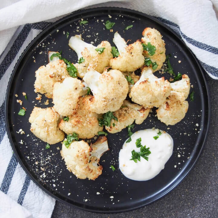plate of dukkah roasted cauliflower from overhead