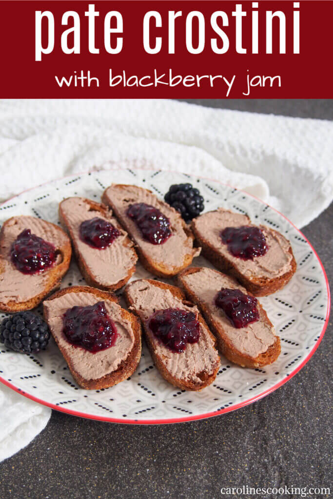 If you need to put together a quick appetizer, but want it to look a little fancy, these pate crostini are a great choice. The touch of sweetness from the jam on top pairs perfectly for an easy and tasty bite.