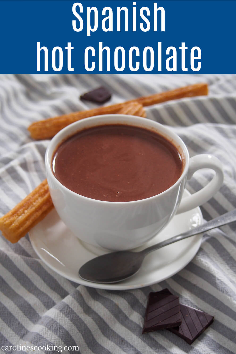 Spanish hot chocolate, 'chocolate caliente', is a wonderfully thick, rich and delicious treat. It's the traditional partner to freshly made churros, but it's also perfect just on it's own, especially on a cold day. #chocolate #spanish #drink