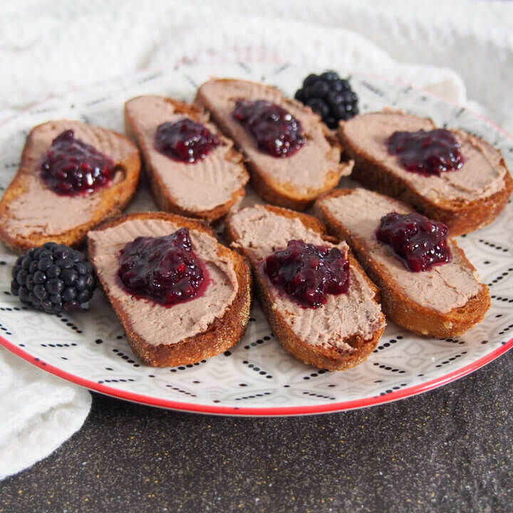 plate of chicken liver pate crostini