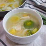 bowl of Cock-a-leekie soup - Scottish leek and chicken soup