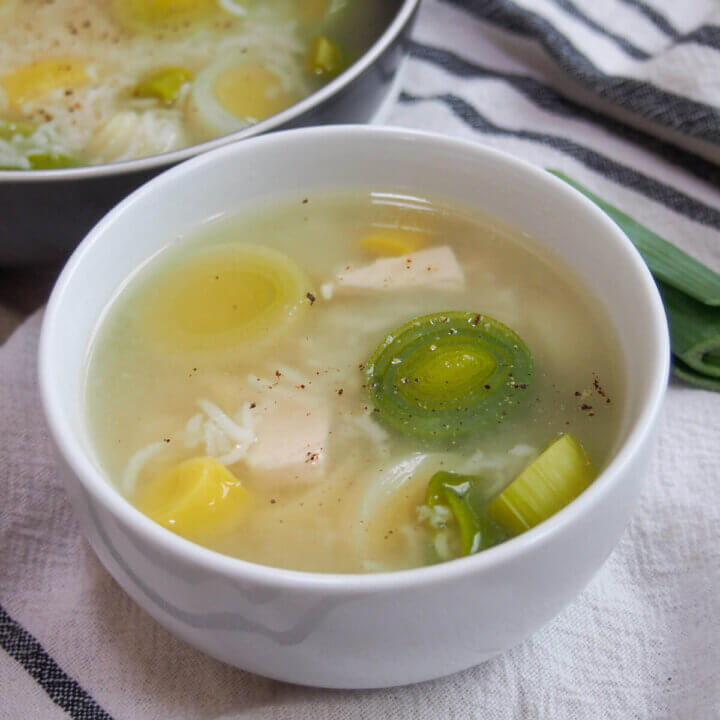 bowl of Cock-a-leekie soup - Scottish leek and chicken soup