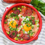 dish of flamenco eggs from overhead