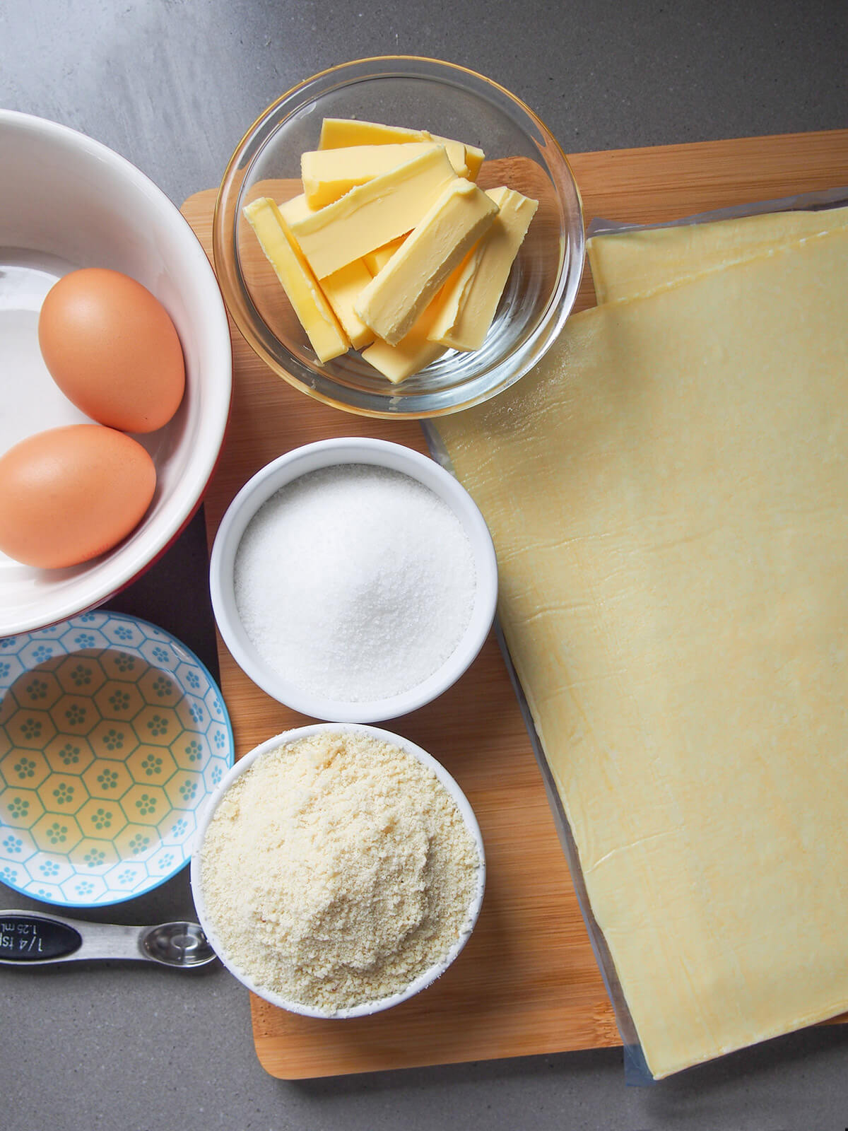 pastry and almond filling ingredients in bowls