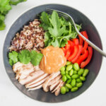 Thai style leftover chicken Buddha bowl from overhead