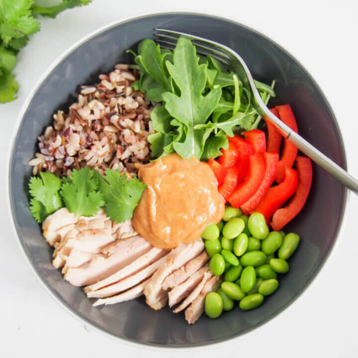 Thai style leftover chicken Buddha bowl from overhead