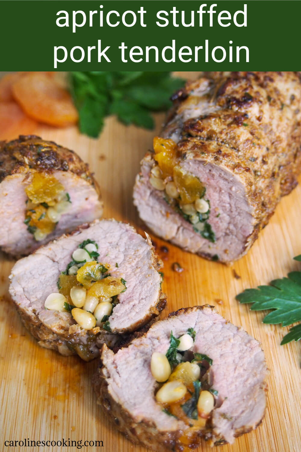 This apricot stuffed pork tenderloin has an aromatic spice rub on the outside and a simple apricot, pine nut and parsley filling. The meat is tender and delicately flavored, and the whole dish is elegant and delicious. #stuffedpork #porktenderloin #datenight