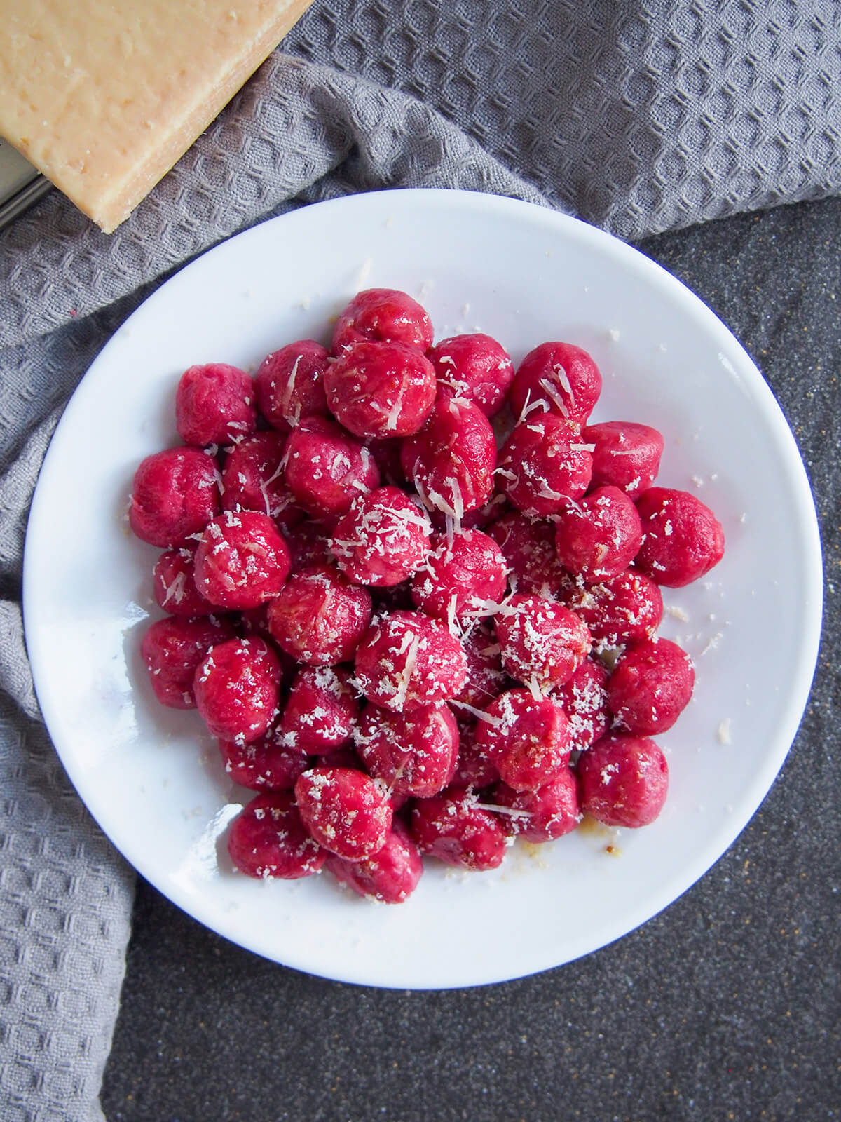 plate of beet gnocchi from overhead