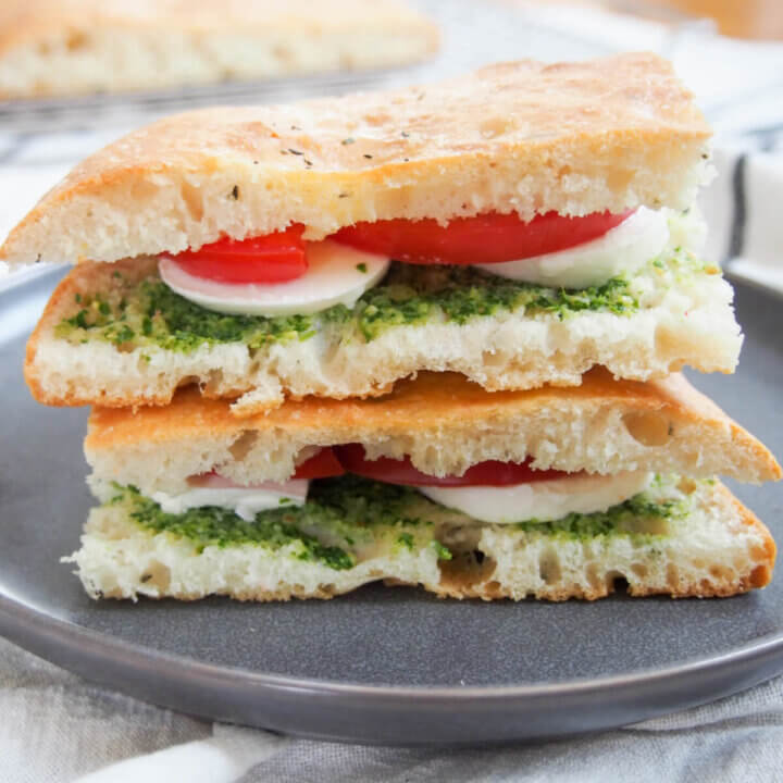 caprese focaccia sandwich on plate