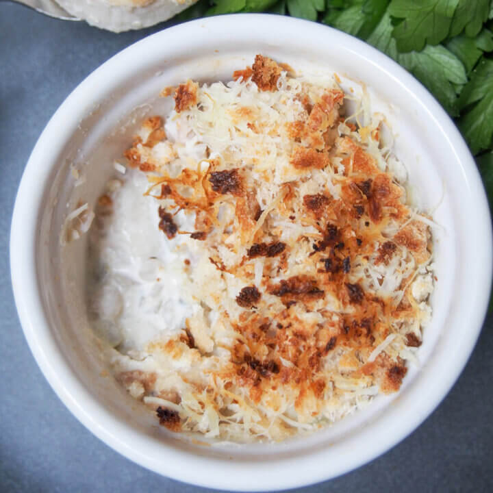 Coquille St Jacques (scallop gratin) from overhead