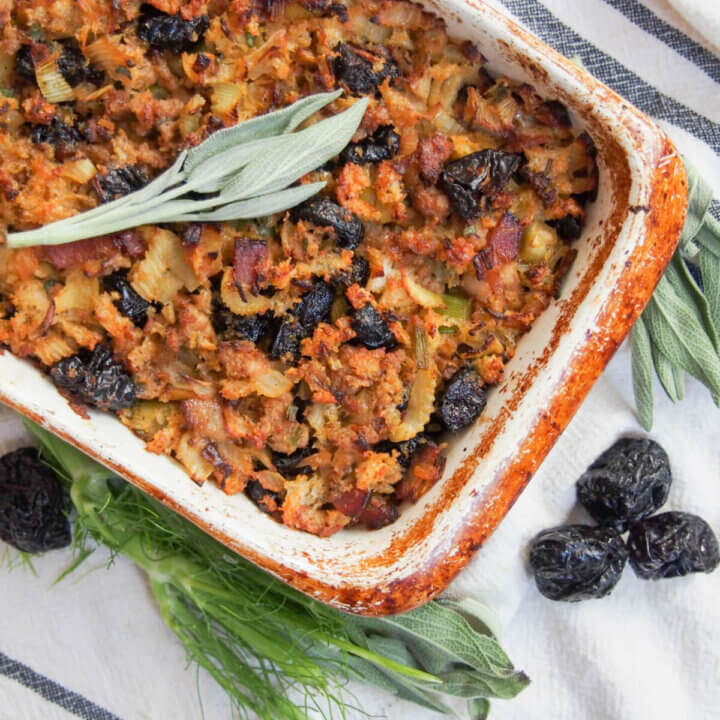 Fennel, prune and pork stuffing in dish from overhead