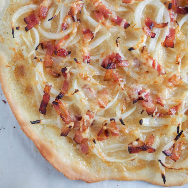 Flammekueche (tarte flambee from Alsace) close up