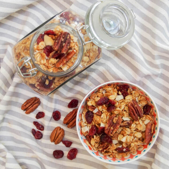 Homemade granola in bowl and jar