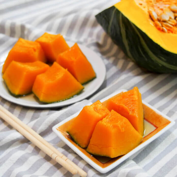 Kabocha no nimono (Japanese simmered squash) on plates