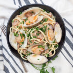 Pasta with Clams and Sausages in bowl