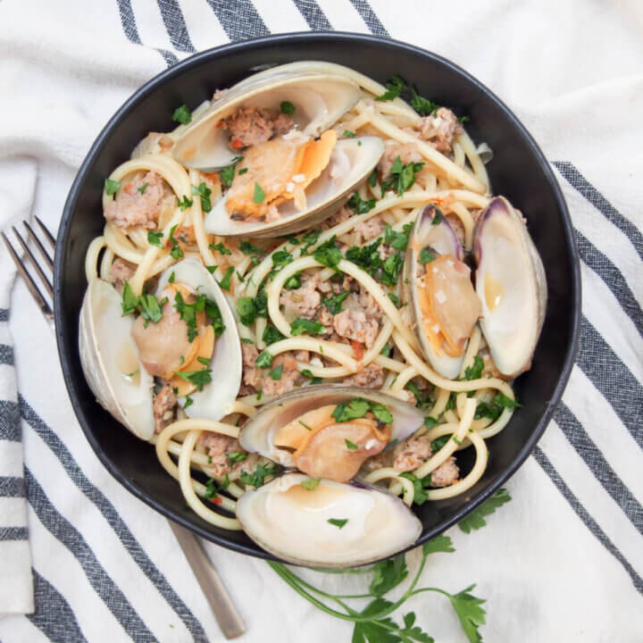 Pasta with Clams and Sausages in bowl
