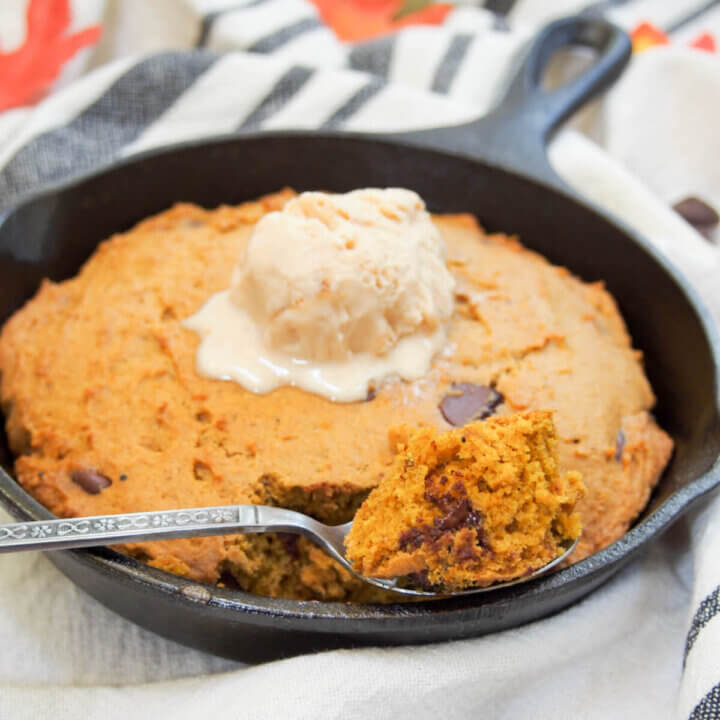 Pumpkin mini skillet cookie with spoonful to front