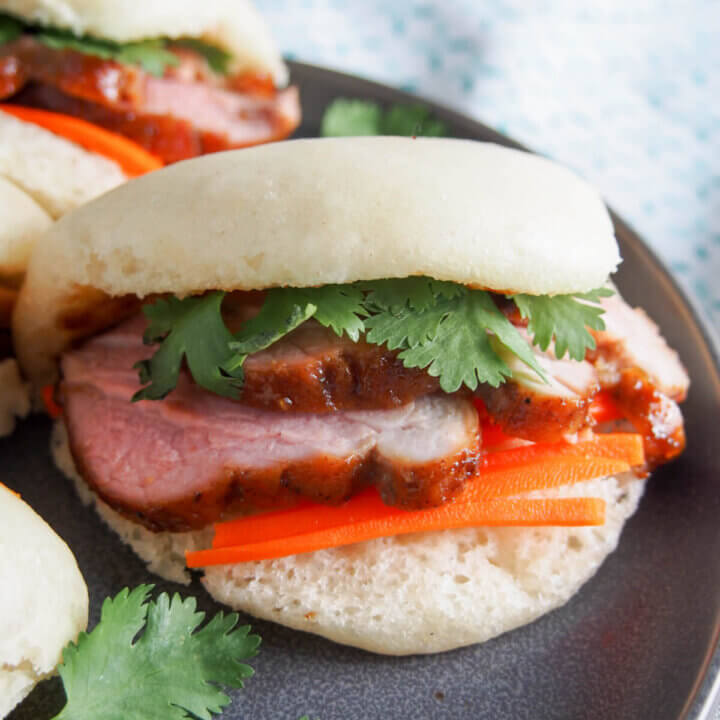 Steamed bao buns with pork close up