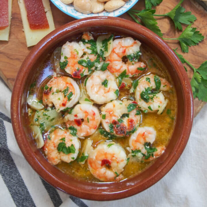 plate of gambas al ajillo Spanish garlic shrimp from overhead