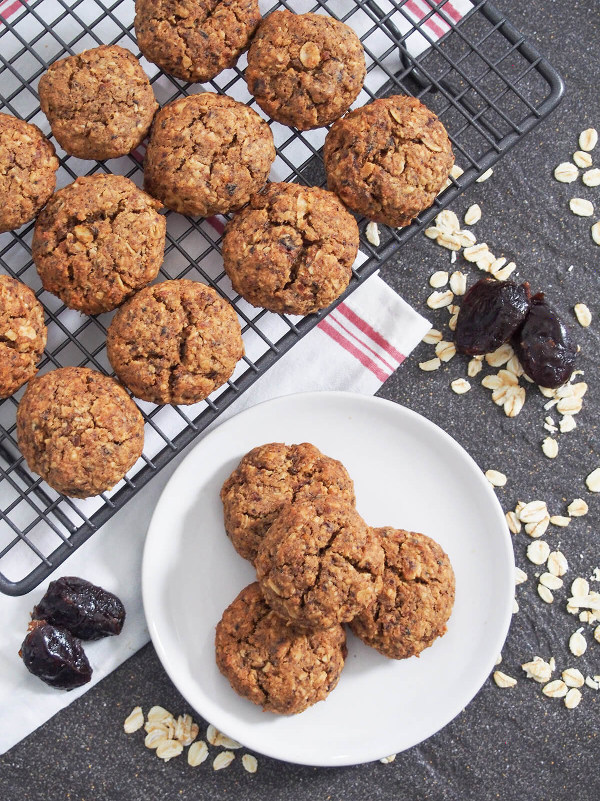 oatmeal date cookies from overhead on plate and baking rack