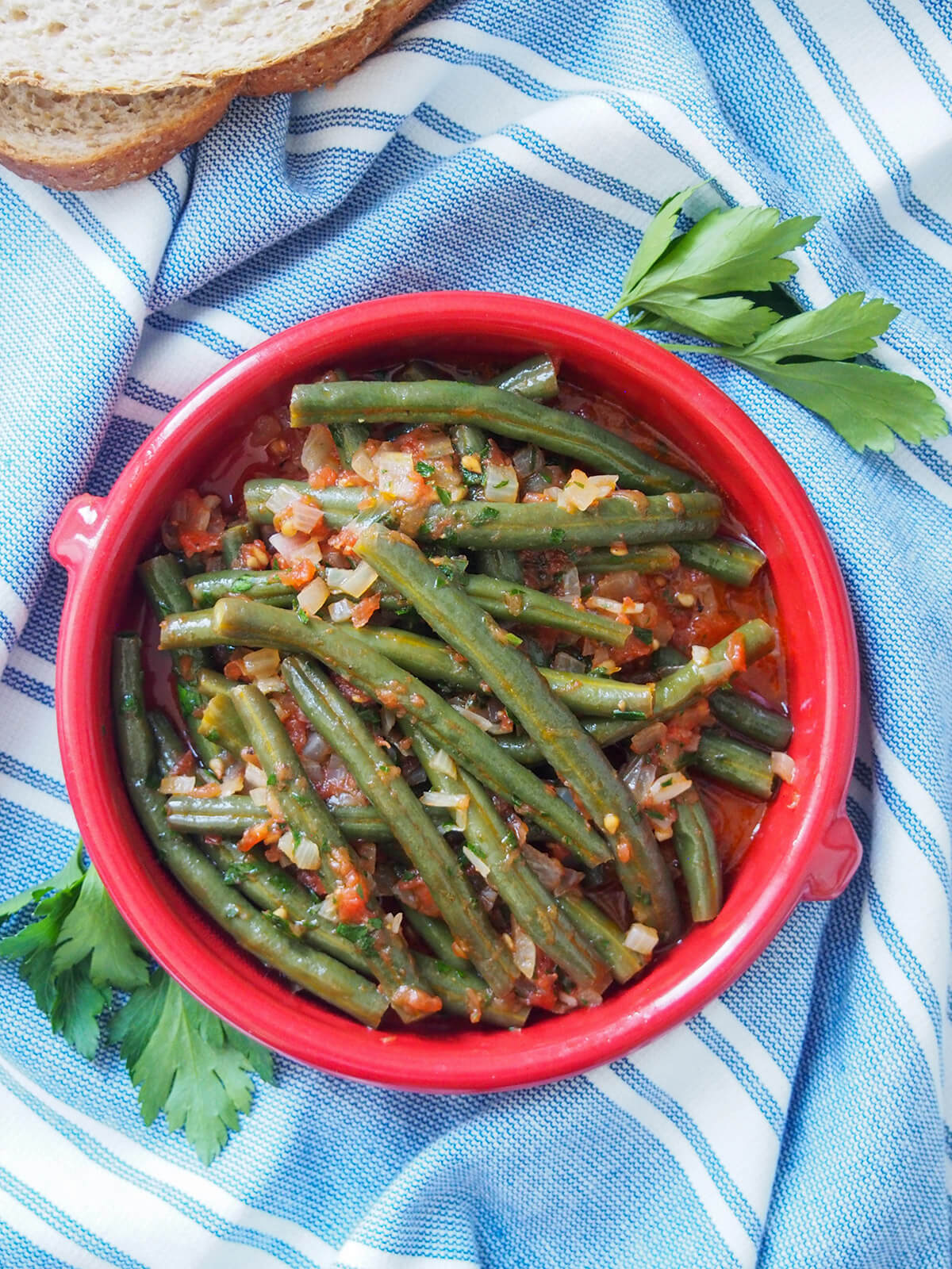 dish of Greek green beans fasolakia from overhead