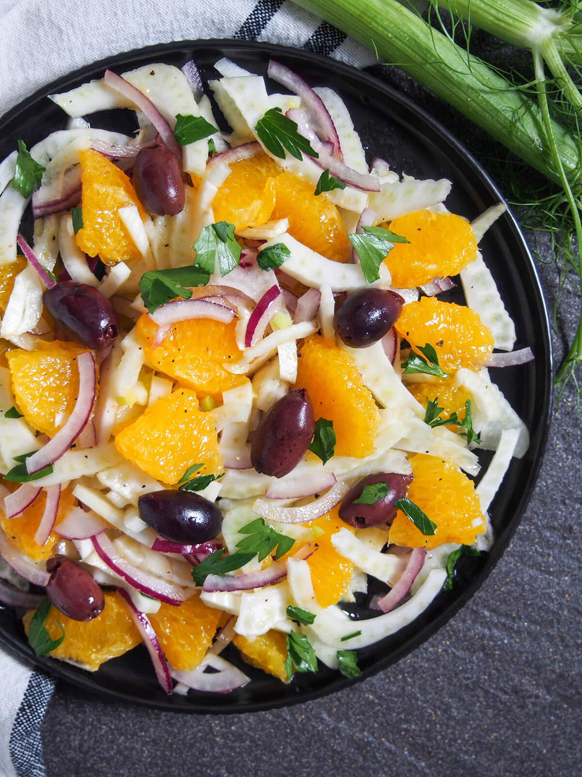 Sicilian fennel orange salad on plate from overhead