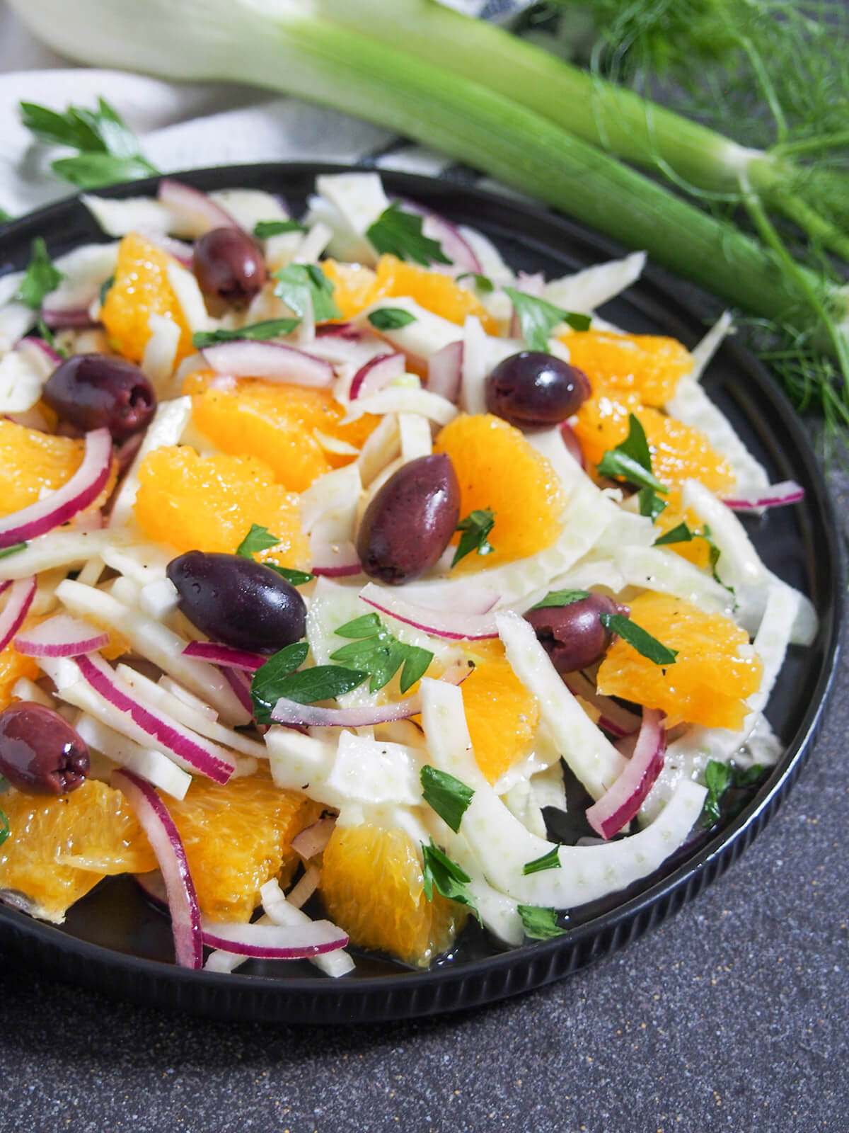 Sicilian fennel orange salad with fennel top behind