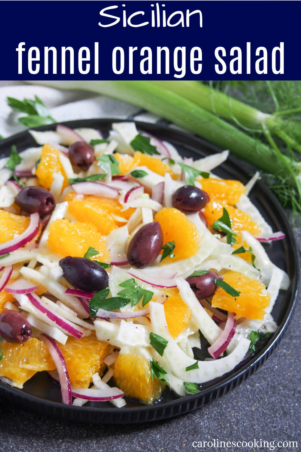 This Sicilian fennel orange salad is incredibly simple but has a fantastic mix of sweet juiciness and savory crunch. It makes a great side salad or light lunch. It's a great way to enjoy the raw tastiness of these lovely ingredients. #salad #vegan #fennel 