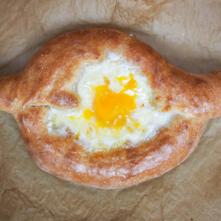Adjaruli khachapuri (Georgian cheese bread) from overhead