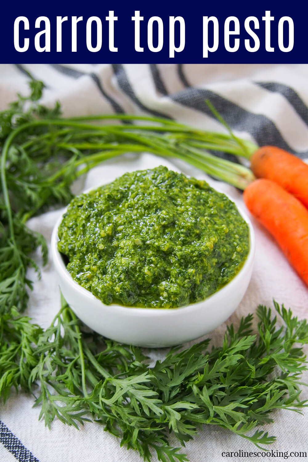 Carrot top pesto is the perfect solution for when you get carrots with greens - don't throw them away! Instead, make this easy pesto - it has a little extra 'bite', but is just as easy and versatile as traditional pesto. Delicious with pasta, over roast carrots and more. Carrot top pesto is the perfect solution for when you get carrots with greens - don't throw them away! Instead, make this easy pesto - it has a little extra 'bite', but is just as easy and versatile as traditional pesto. Delicious with pasta, over roast carrots and more.