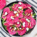overhead view of plate of chioggia beet salad