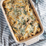 Creamy lemon chicken pasta bake in dish from overhead