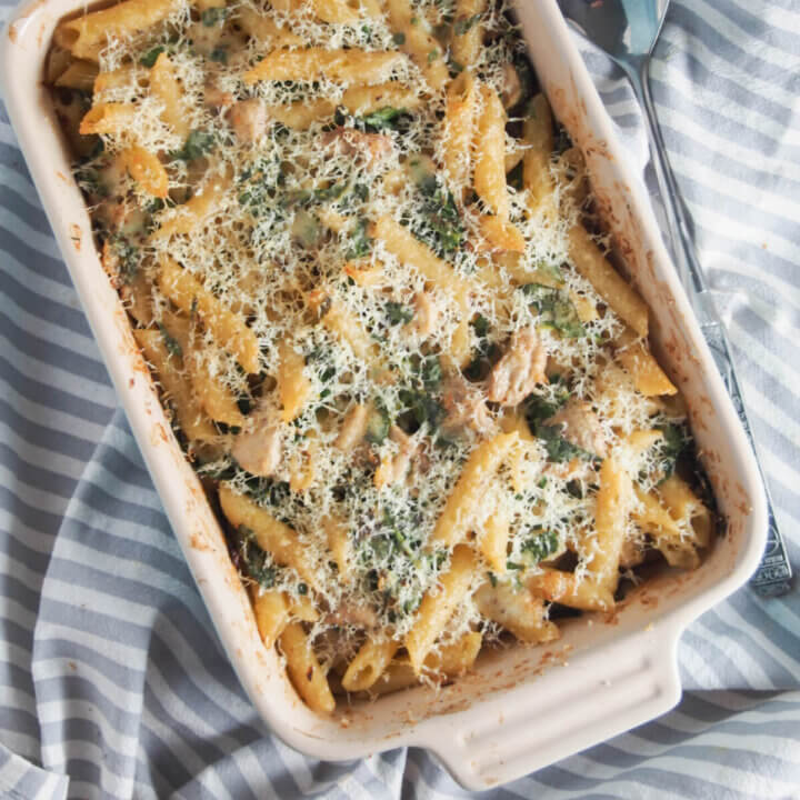 Creamy lemon chicken pasta bake in dish from overhead