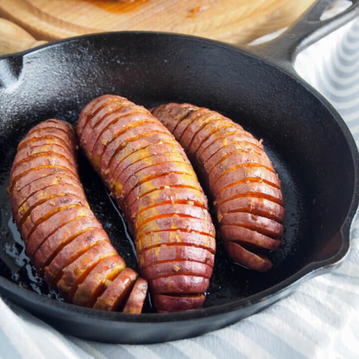 hasselback sweet potatoes in skilet