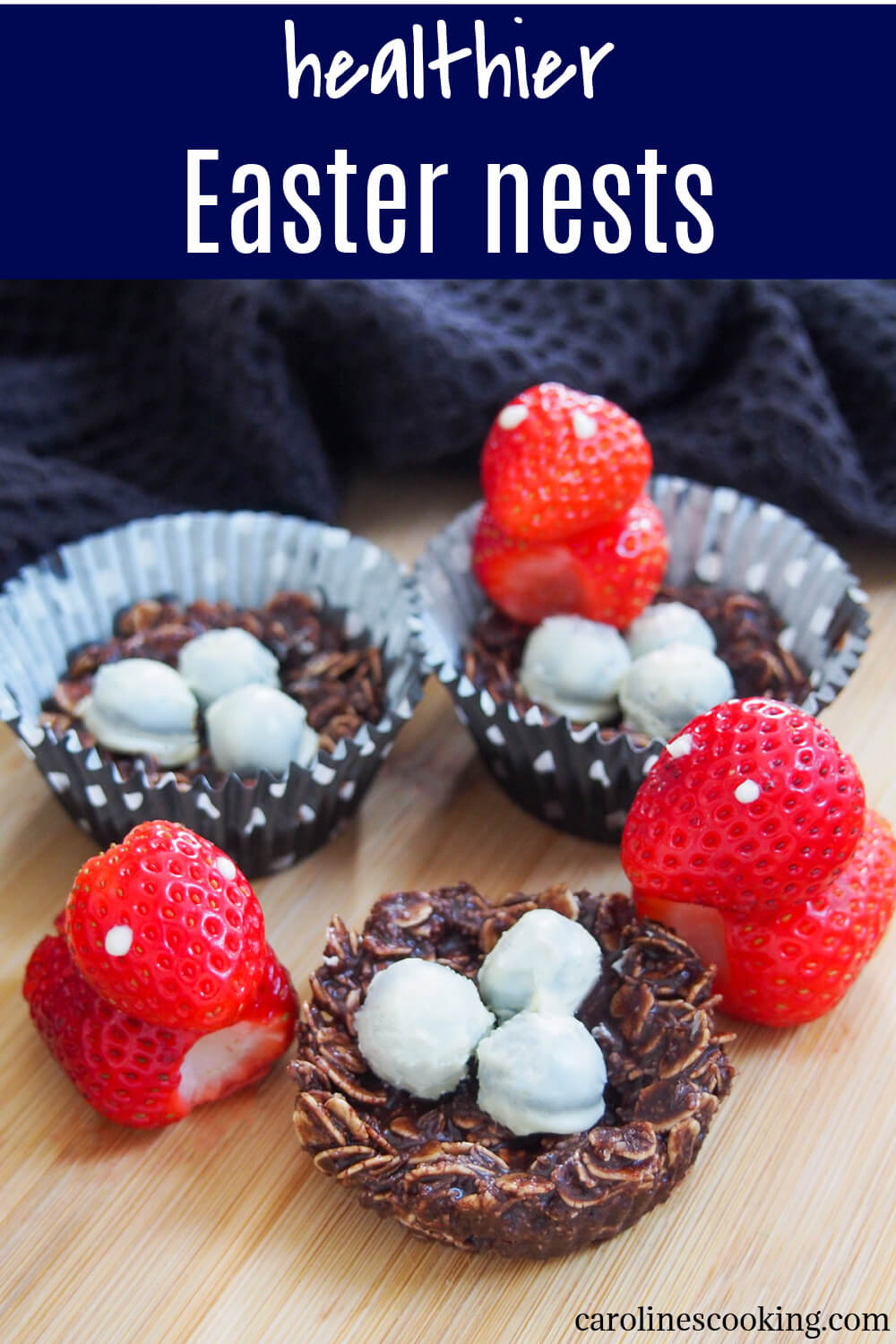 These healthier Easter nests combine an oat-based chocolatey base with white chocolate blueberry eggs and strawberry chicks. They may be a little rustic, but they're easy, fun to make and tasty too. 