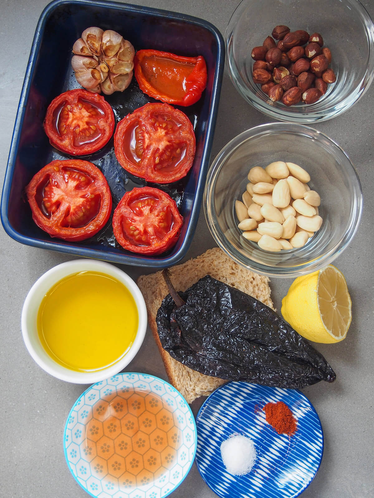 ingredients in separate bowls and dishes