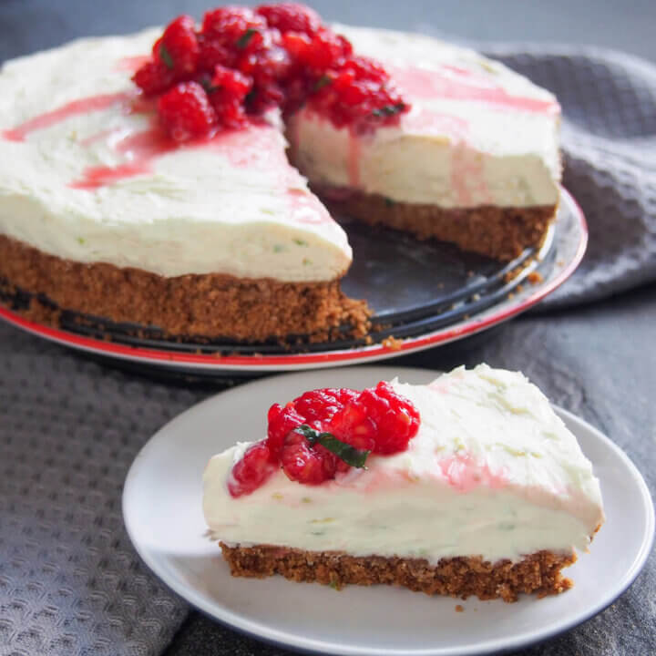 slice of lime mascarpone cheesecake in front of rest of cheesecake