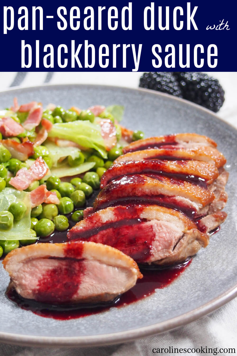 This seared duck breast with savory blackberry sauce is incredibly quick and easy to prepare but makes for a delicious and elegant main. It pairs with a range of sides for a fancy-feeling meal that works any time. #duck #blackberrysauce #datenight 