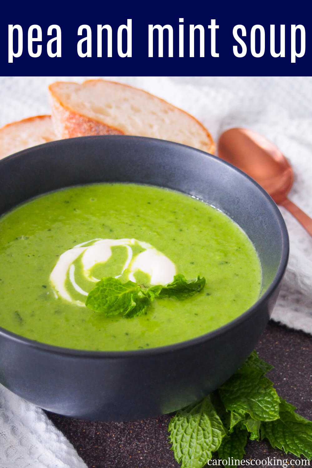 This pea and mint soup is a true taste of spring, with its bright green color and light flavors. It's also incredibly quick ad easy to make using fresh or frozen peas, and can be served both warm and chilled. #soup #peas #springsoup