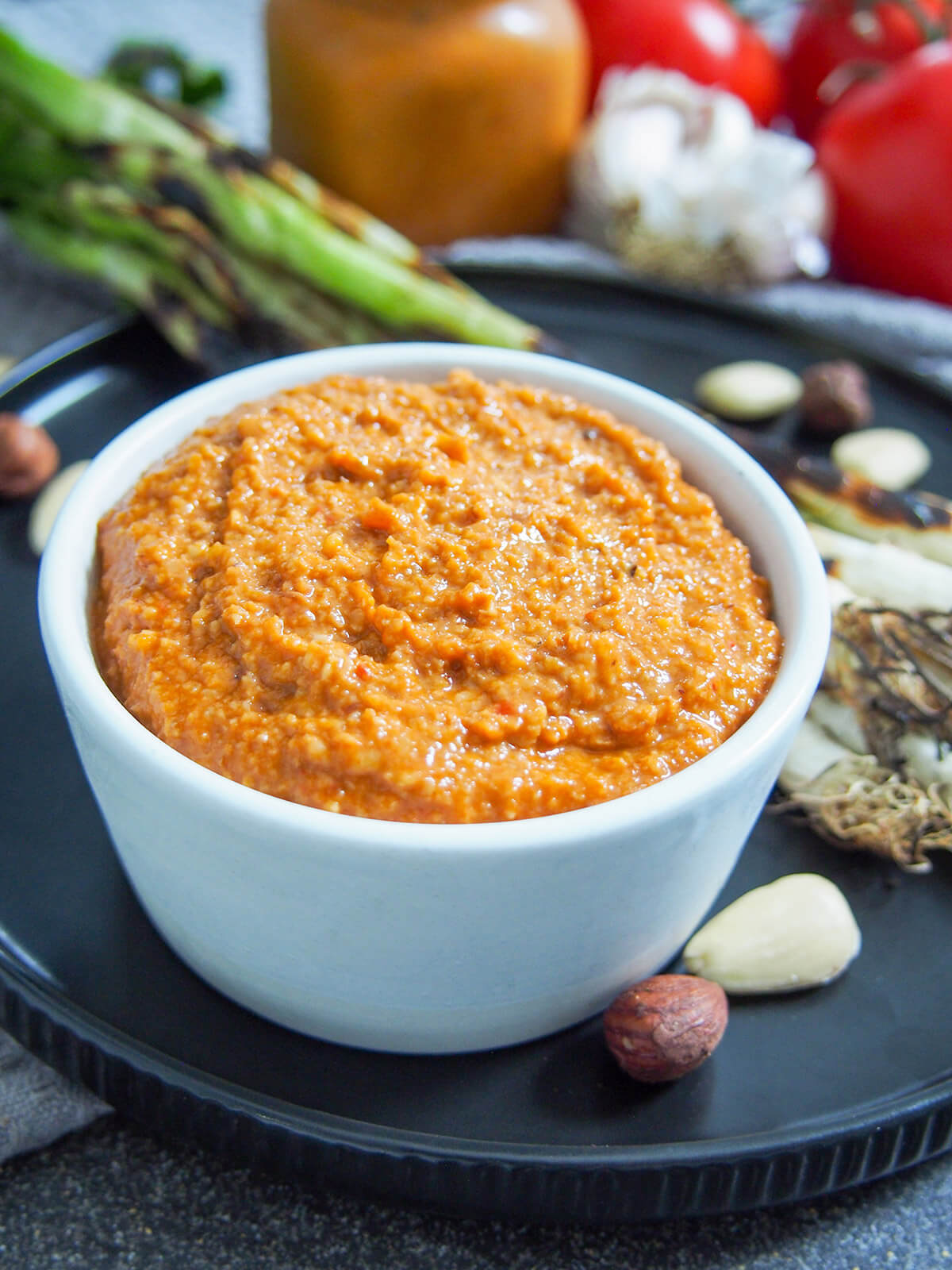 close up of dish of romesco sauce