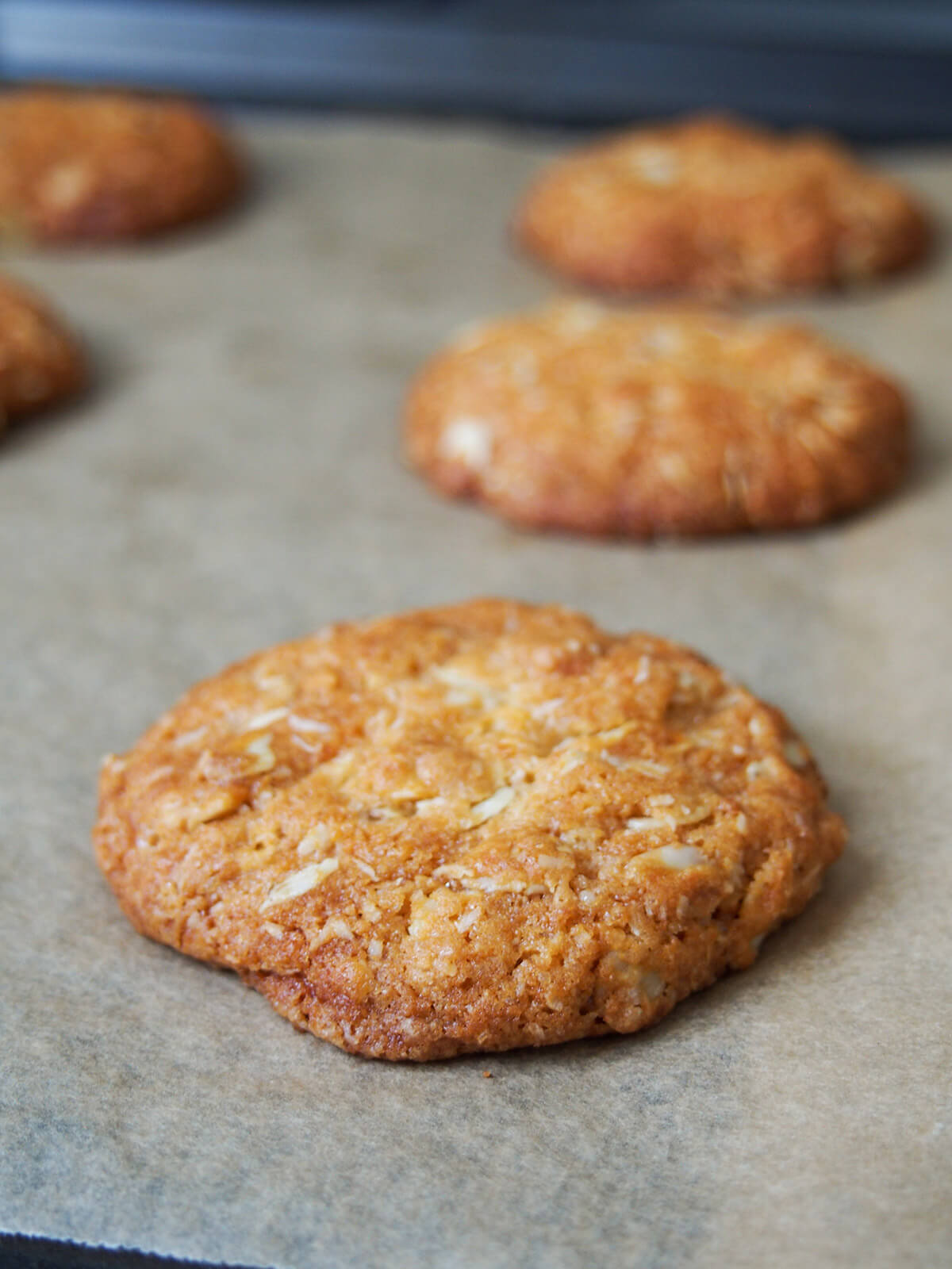cooked Anzac biscuits on baking sheet
