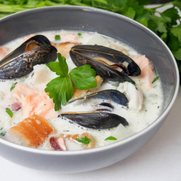 bowl of Irish fish chowder from side