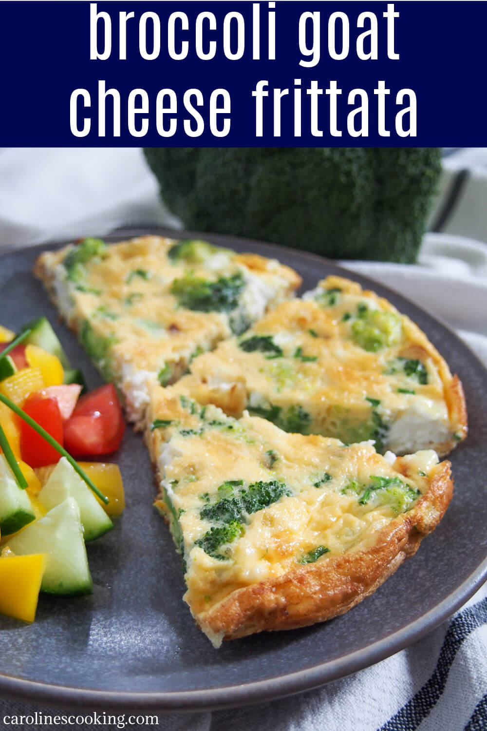 This broccoli goat cheese frittata is easy to make with a tasty mix of broccoli, soft goat cheese and sweet onion. It's perfect as part of brunch, paired with salad for a light lunch or pack it for a picnic. #frittata #vegetarian #brunch