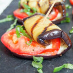 Caprese grilled eggplant roll up close up