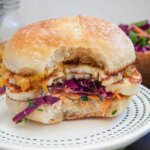 halloumi burger with bite taken out of it