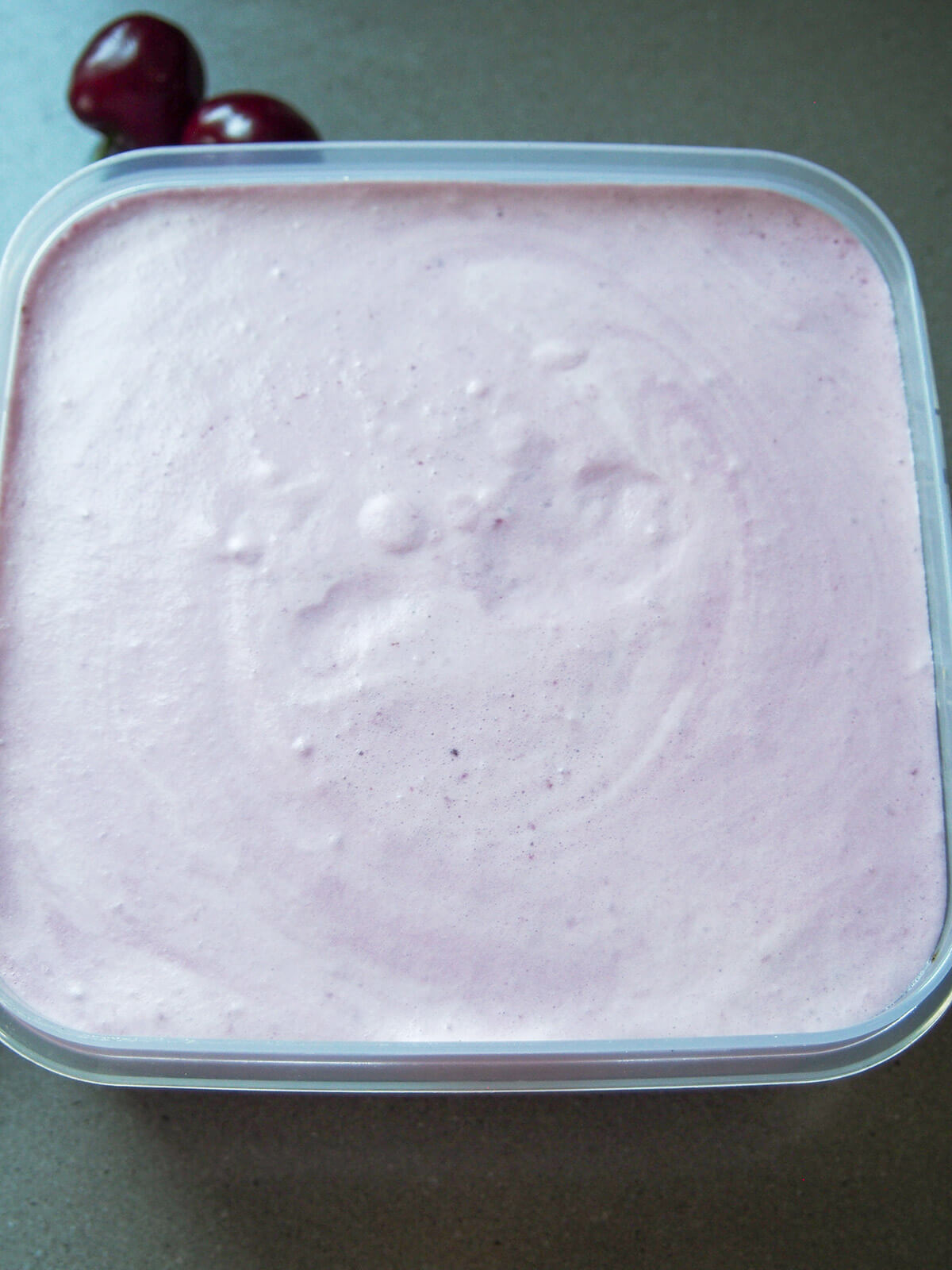 mixture in tub ready to freeze for cherry ice cream ice cream mixture in tub before freezing