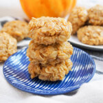 No bake pumpkin cookies in stack on blue blate